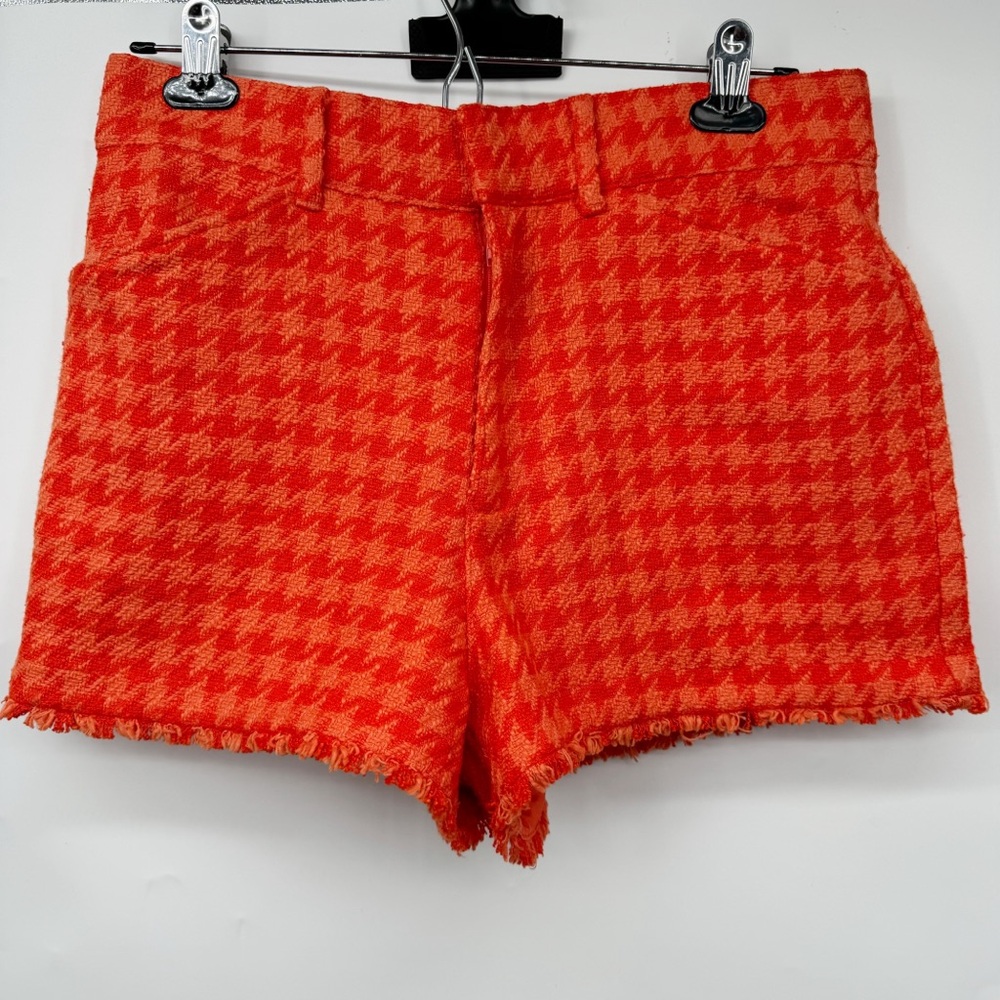 Zara Textured Orange Houndstooth Fray Hem Mini High Rise Shorts Size M Retro